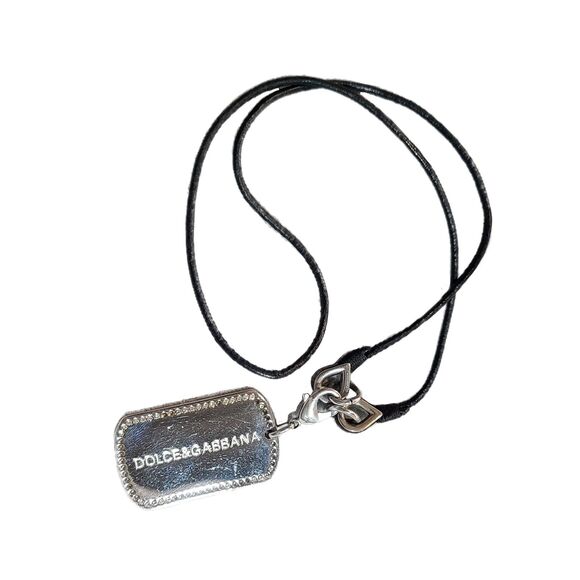 Dolce & Gabbana Silver & Rhinestone Dog Tag Pendant Leather Cord Necklace - Picture 1 of 6